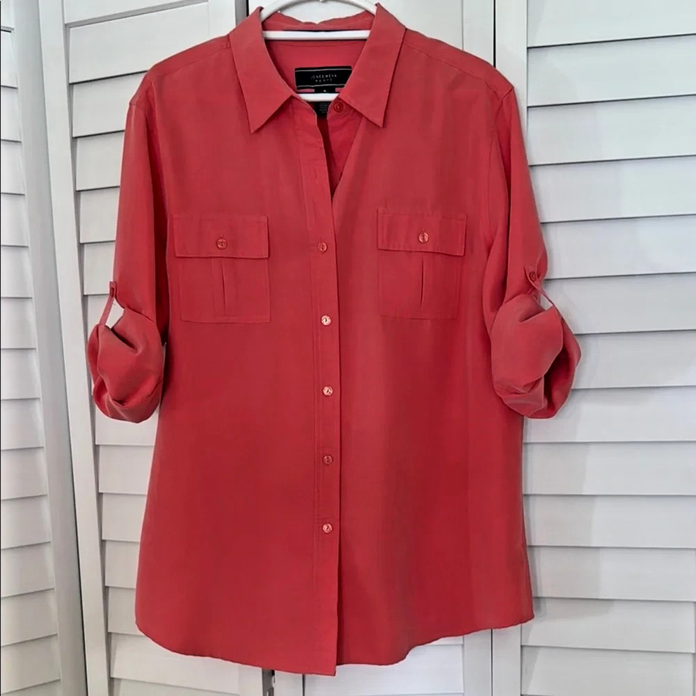 Jones Wear Sport CoralPink Shirt Roll Tab Long Sleeve Blouse Size 16 Button Down